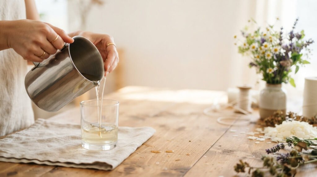 Hands pouring melted clear wax from a metal pitcher into a glass candle jar on a wooden workbench during the DitsyJaffa artisan candle making process.
