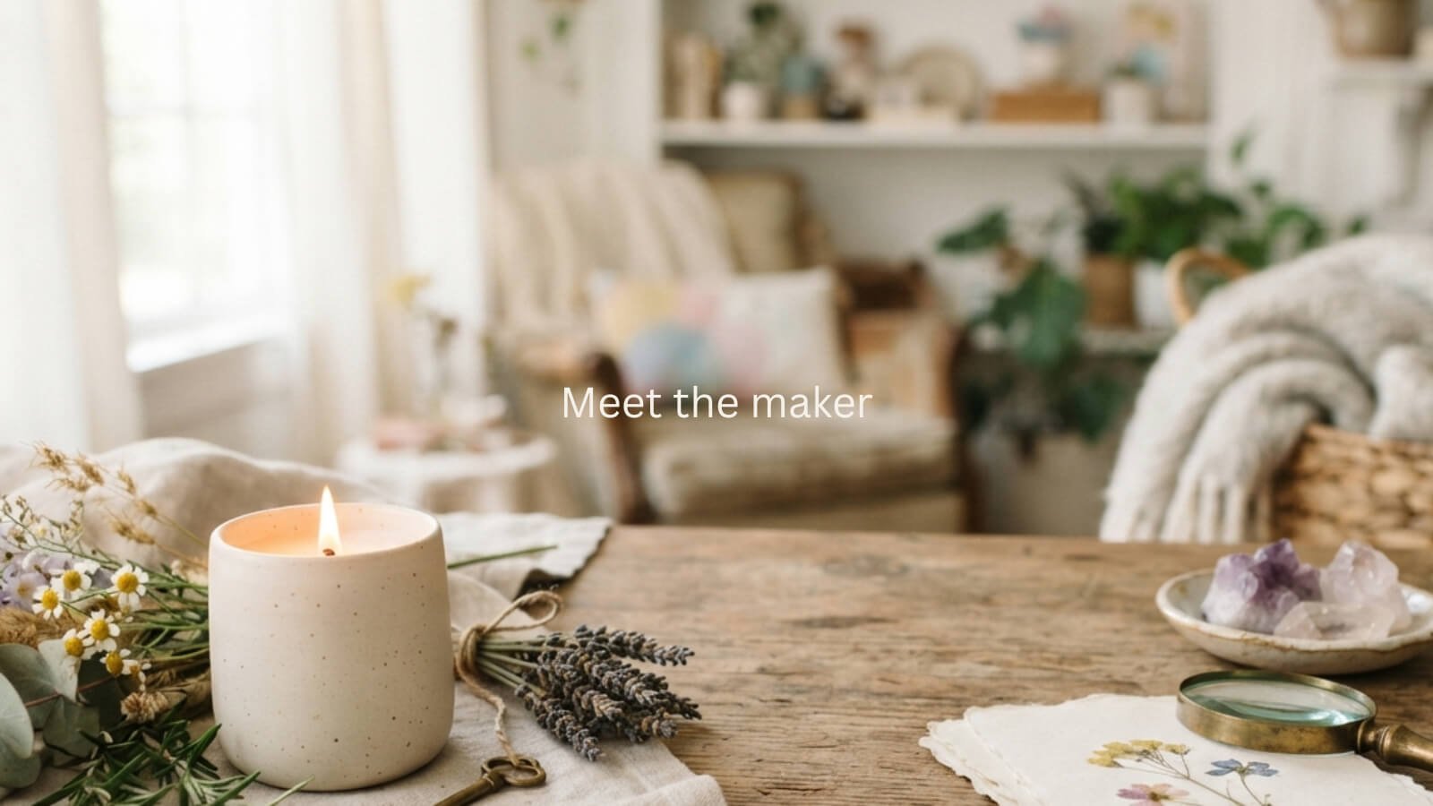 DitsyJaffa lit ceramic candle next to a bundle of dried lavender tied with twine and an antique key on a rustic wooden table with a cozy armchair in the blurred background.
