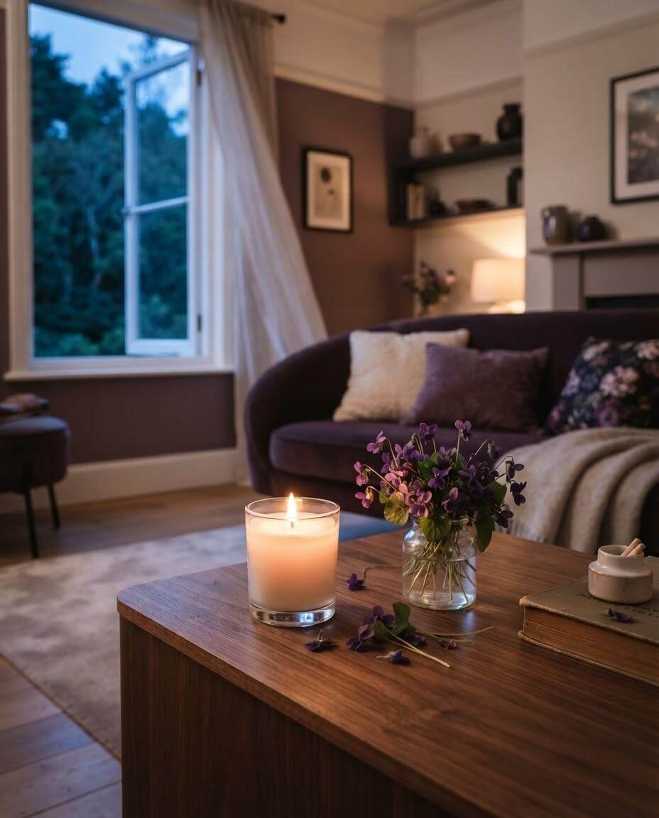 DitsyJaffa After Hours Collection scented candle jar lit on a wooden coffee table in a cozy, dimly lit living room with a purple sofa, a vase of purple flowers, and an open window in the background.