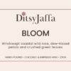 Graphic image of DitsyJaffa product label for Bloom scented candle featuring the fragrance notes and coconut rapeseed wax branding
