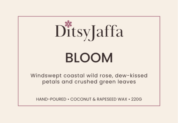 Graphic image of DitsyJaffa product label for Bloom scented candle featuring the fragrance notes and coconut rapeseed wax branding