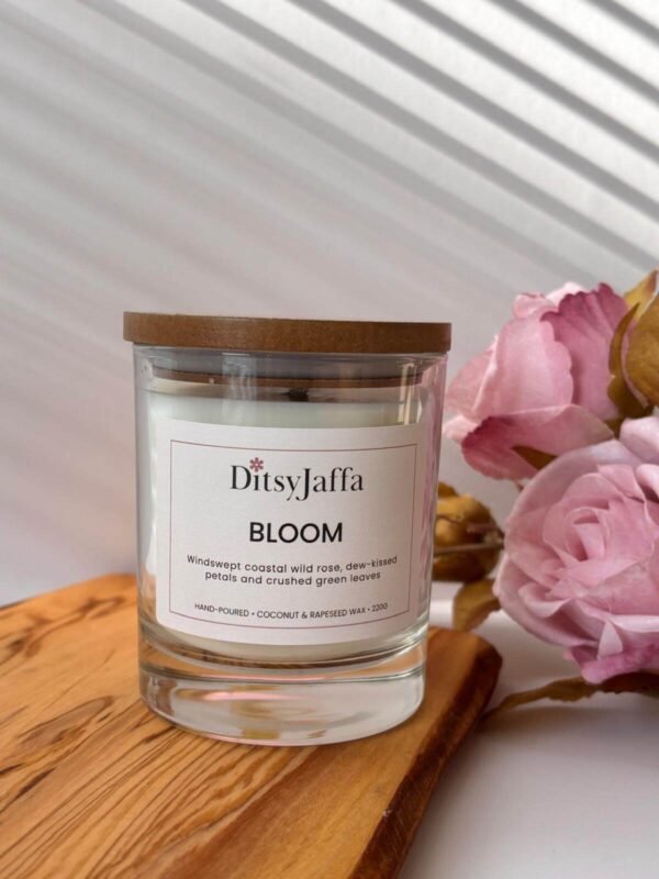 DitsyJaffa Bloom hand-poured candle in a glass jar with a wooden lid