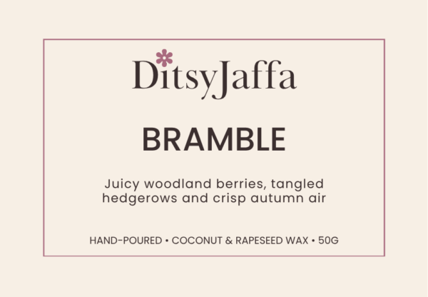 Graphic image of DitsyJaffa product Label for Bramble scented wax melts featuring the fragrance notes and coconut rapeseed wax branding
