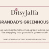 Graphic image of DitsyJaffa product label for Grandad's Greenhouse scented candle featuring the fragrance notes and coconut rapeseed wax branding