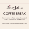 Graphic image of DitsyJaffa product label for Coffee Break scented candle featuring the fragrance notes and coconut rapeseed wax branding