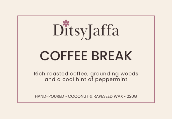 Graphic image of DitsyJaffa product label for Coffee Break scented candle featuring the fragrance notes and coconut rapeseed wax branding
