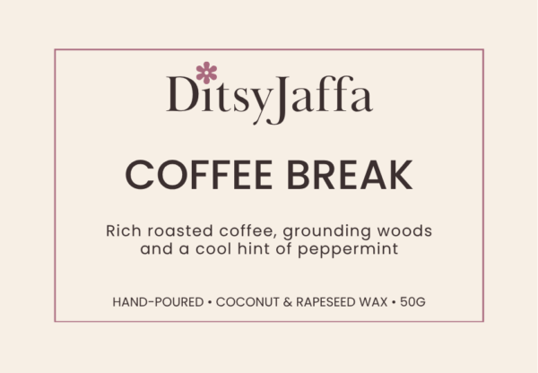 Graphic image of DitsyJaffa product Label for Coffee Break scented wax melts featuring the fragrance notes and coconut rapeseed wax branding