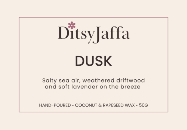 ditsyjaffa-dusk-wax-melt-label.png Graphic image of DitsyJaffa product Label for Dusk scented wax melts featuring the fragrance notes and coconut rapeseed wax branding