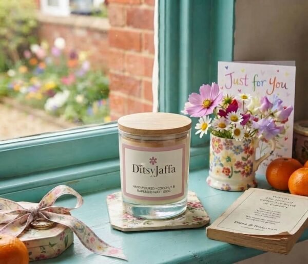 DitsyJaffa The Gift Collection scented candle jar sitting on a floral coaster on a teal windowsill, next to a matching floral mug filled with daisies, a gift box with a patterned ribbon, and a greeting card.