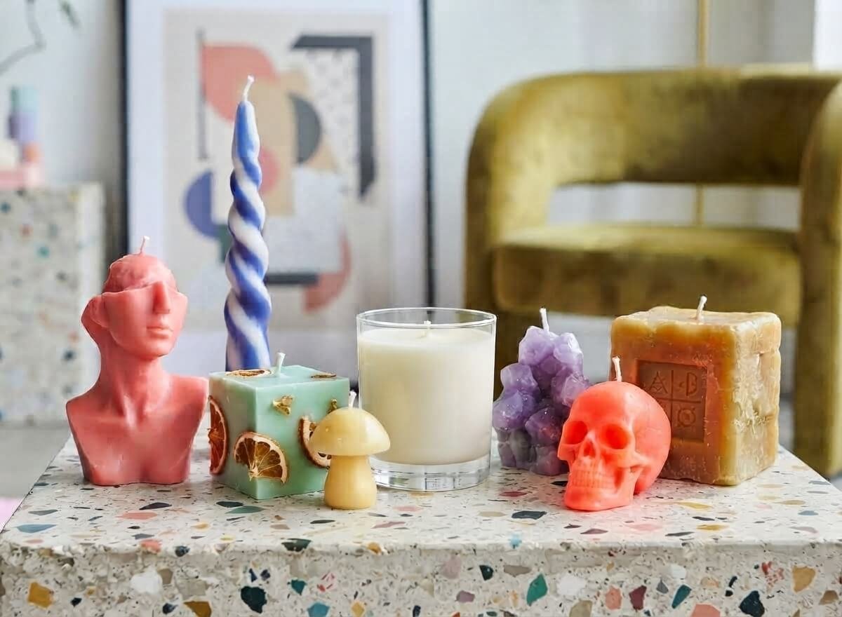 DitsyJaffa Misfits Collection novelty candles featuring a skull, a mushroom, a bust, a crystal cluster, and a scented jar candle on a colorful terrazzo table with a modern chartreuse chair and framed artwork in the background.