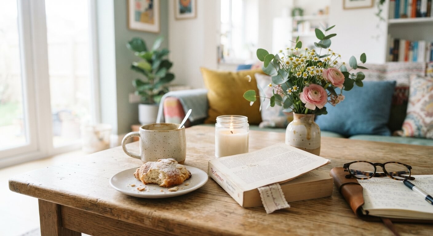 DitsyJaffa Memories & Moments Collection scented candle jar lit on a wooden table next to a ceramic mug, a croissant on a plate, an open book, and a vase of flowers in a bright, cozy living room.