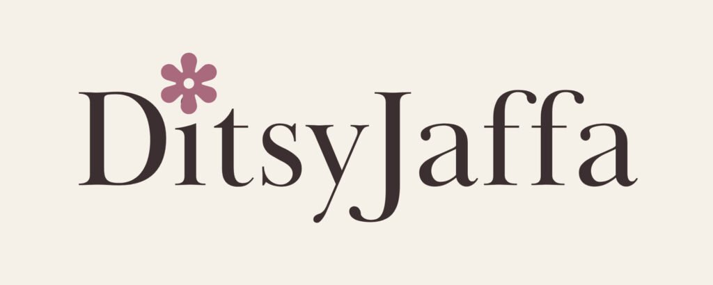 DitsyJaffa logo featuring an elegant serif font with a small pink wildflower accent above the letter i.