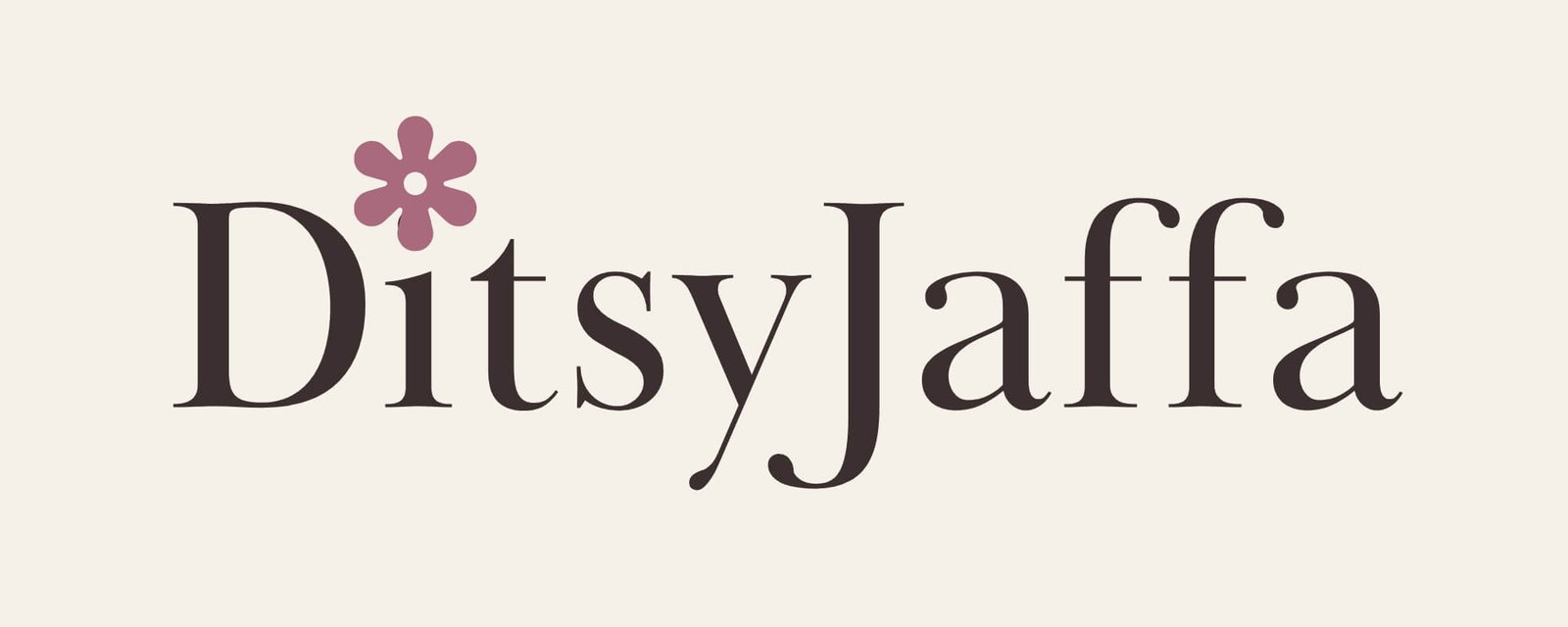 DitsyJaffa logo featuring an elegant serif font with a small pink wildflower accent above the letter i.