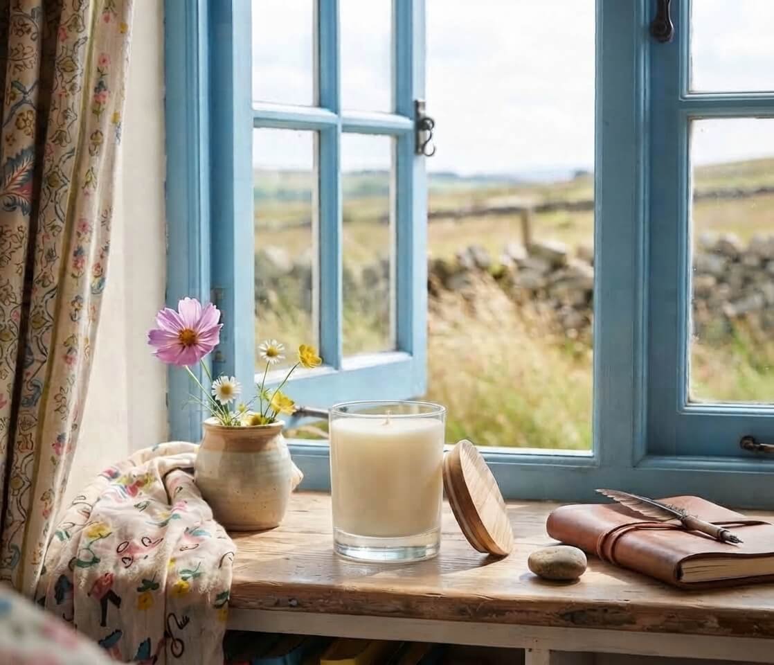 DitsyJaffa The Wild Collection scented candle jar with a wooden lid on a rustic windowsill by an open blue window looking out at green country hills and a stone wall.