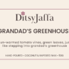 Graphic image of DitsyJaffa product Label for Grandad's Greenhouse scented wax melts featuring the fragrance notes and coconut rapeseed wax branding