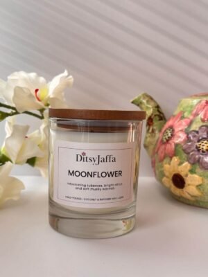 DitsyJaffa Moonflower hand-poured candle in a glass jar with a wooden lid