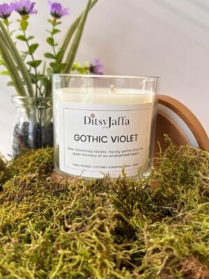 DitsyJaffa Gothic Violet hand-poured candle in a glass jar with a wooden lid