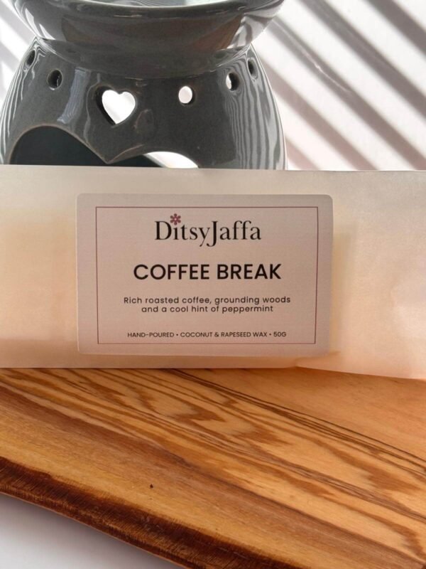 Close up of DitsyJaffa Coffee Break hand-poured wax melt focusing on label
