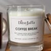 Close up of DitsyJaffa Coffee Break hand-poured candle focusing on label