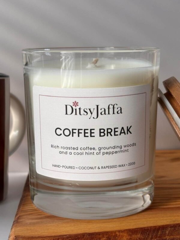 Close up of DitsyJaffa Coffee Break hand-poured candle focusing on label