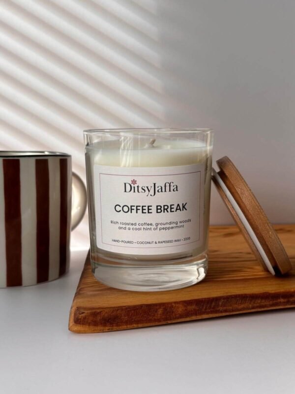 DitsyJaffa Coffee Break hand-poured candle in a glass jar with a wooden lid