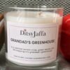 Close up of DitsyJaffa Grandad's Greenhouse hand-poured candle focusing on label