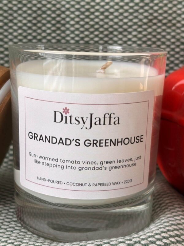 Close up of DitsyJaffa Grandad's Greenhouse hand-poured candle focusing on label