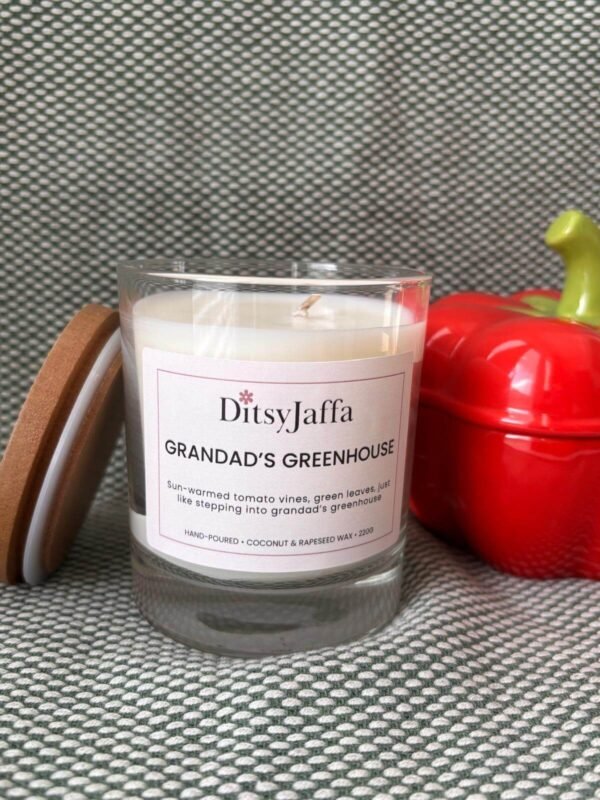 DitsyJaffa Grandad's Greenhouse hand-poured candle in a glass jar with a wooden lid