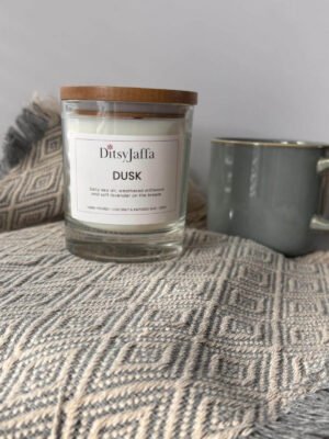 DitsyJaffa Dusk hand-poured candle in a glass jar with a wooden lid